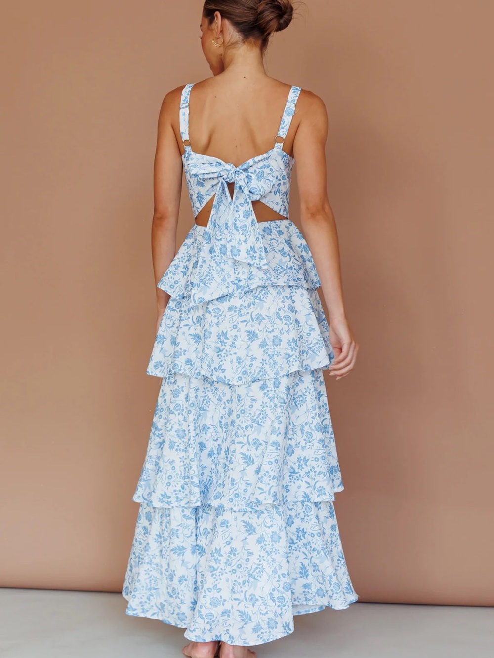 BLUE FLORAL TIERED DRESS WITH BOW / Size AU 10-US M